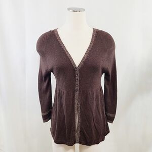 Boden Dark brown angora cardigan sweater metallic trim Women's size 8